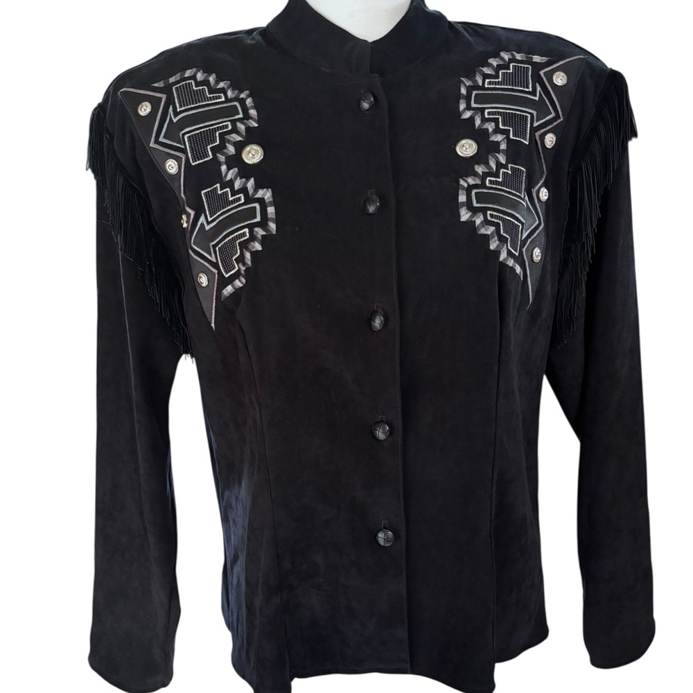 Vintage 90s 1849 Ranchwear Western Fringe Jacket Black Southwestern Concho USA